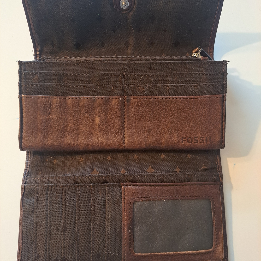 Vintage Fossil Maddox Chevron Patchwork Leather Wallet - Boho Trifold with Key - Picture 3 of 6